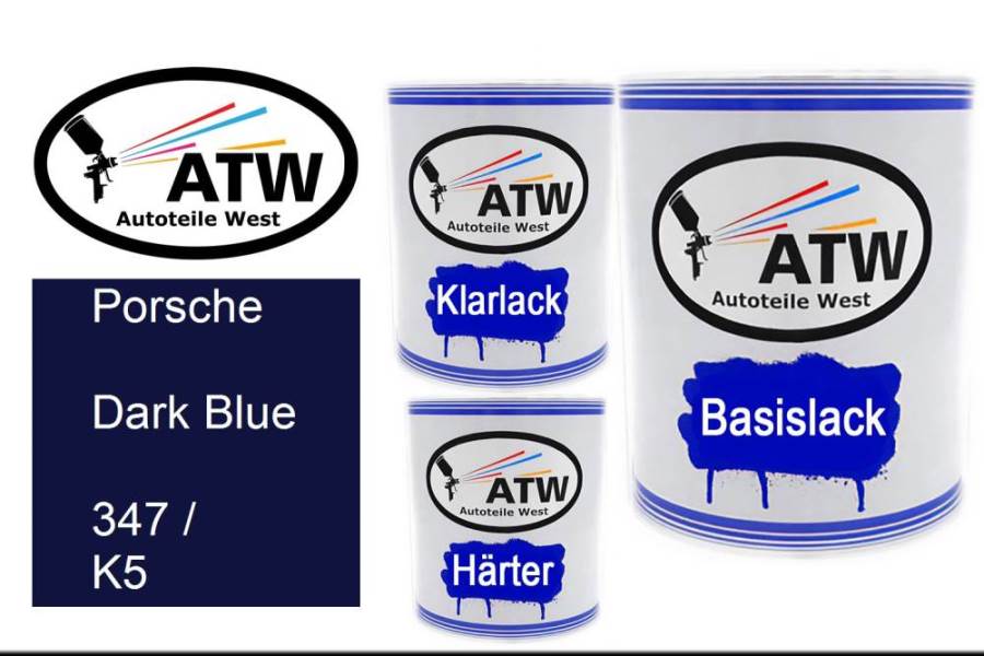 Porsche, Dark Blue, 347 / K5: 1L Lackdose + 1L Klarlack + 500ml Härter - Set, von ATW Autoteile West.